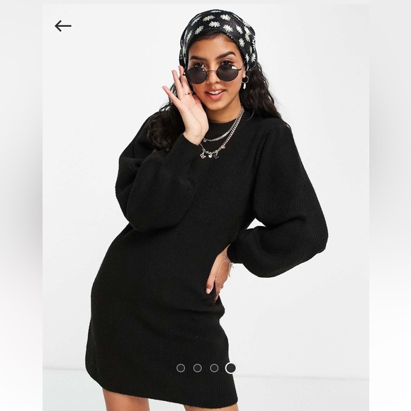 Miss Selfridge Puff Sleeve Knitted Mini Dress in Black - Picture 1 of 4